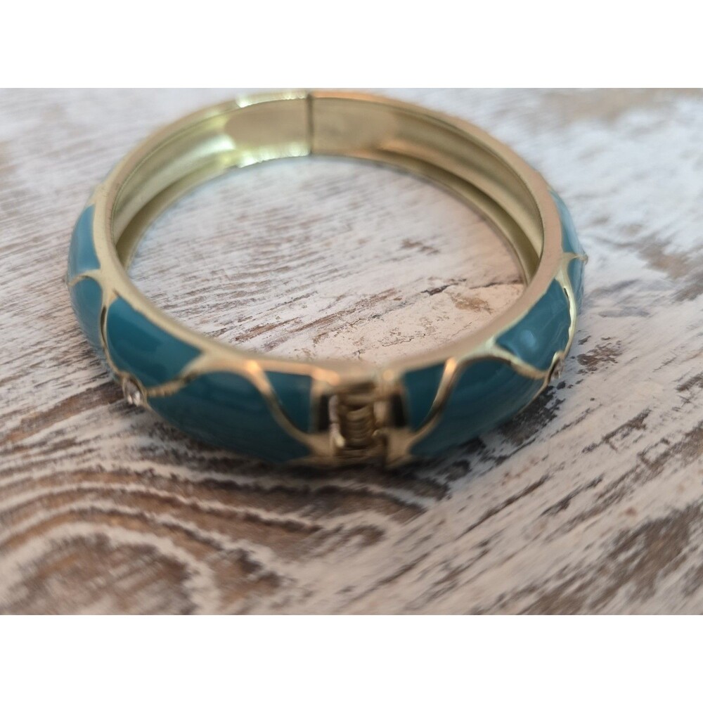 Vintage Turquoise Enamel Clamper Bracelet Gold Tone Rhinestone Jewelry #259 - Picture 6 of 12